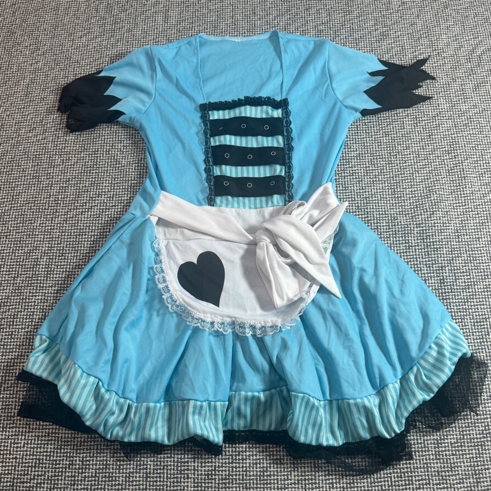 Kids Alice in Wonderland Costume Dress Blue White Heart Apron Striped Lace Sz 6